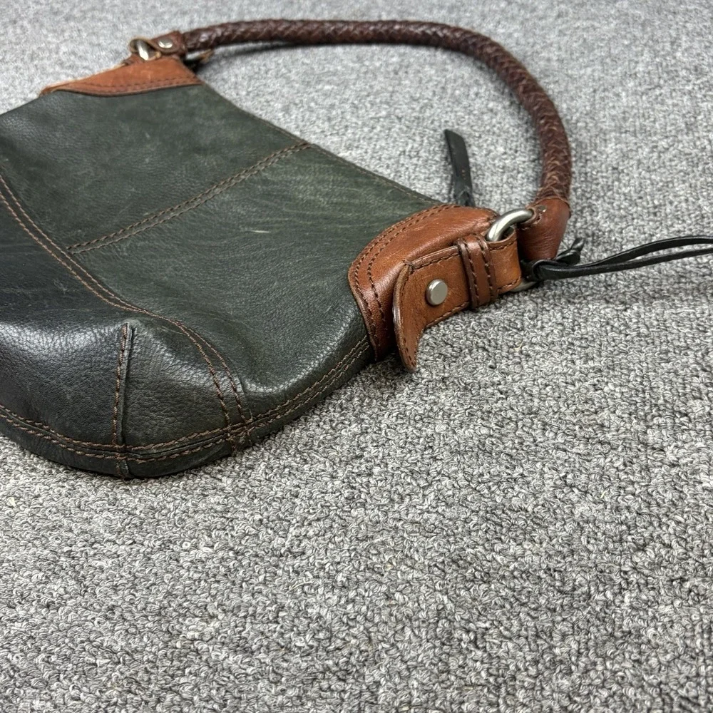Fossil Black Brown Leather Hobo Shoulder Bag Braided Strap Key Charm